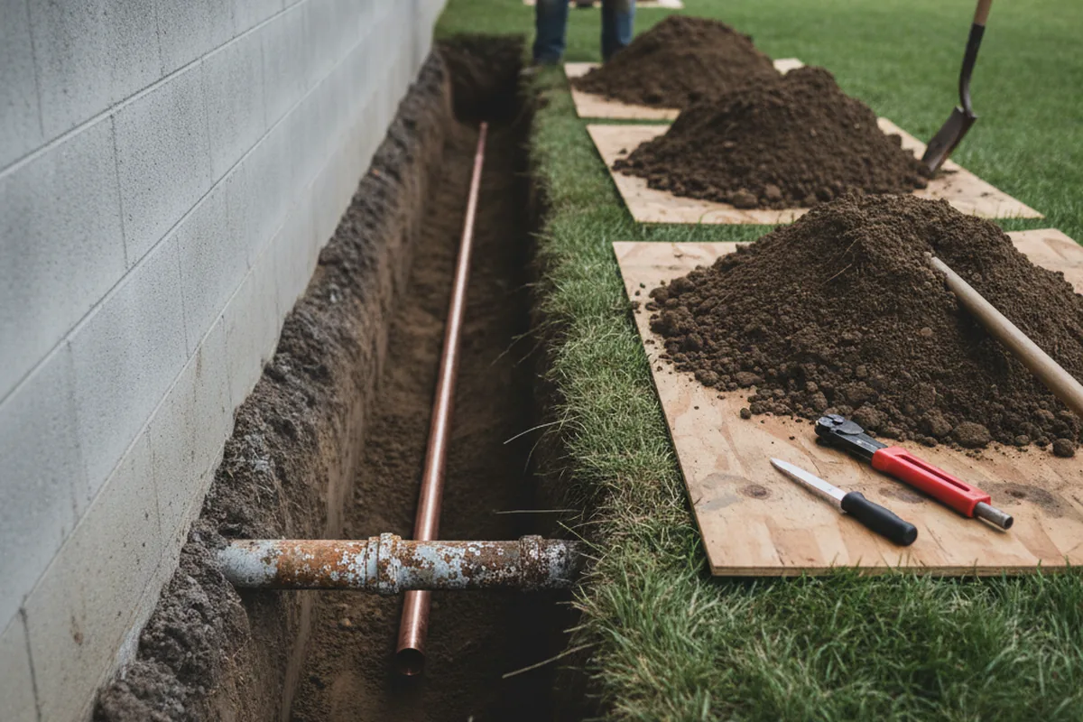 Excavated water line trench during Sewer Line Repair in Wharton